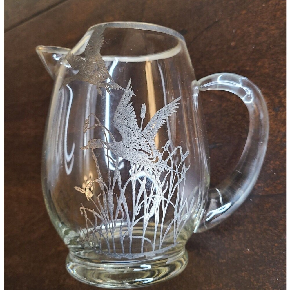 Clear Glass Pitcher w/ Silver Overlay Geese Cattails Marsh Waterfowl Vintage